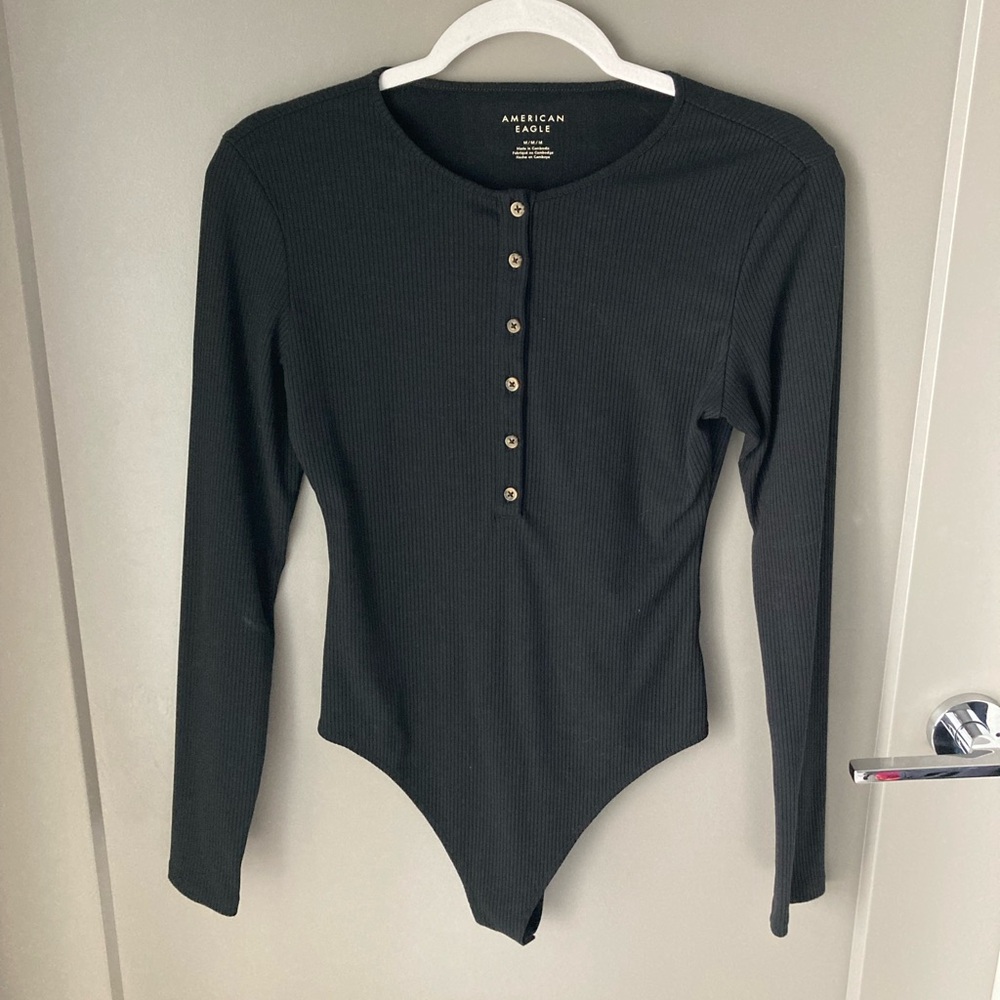 American Eagle Outfitters Black Ribbed Button-Front Long-Sleeve Bodysuit